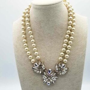 J Crew Double Faux Pearl Necklace with Clear Crystal Flower Cluster Center